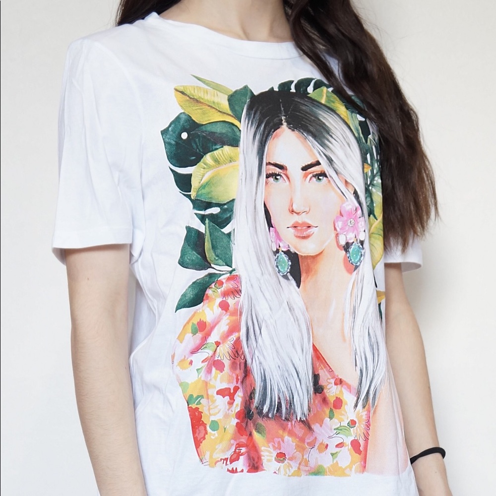 White shirt with floral/girl print